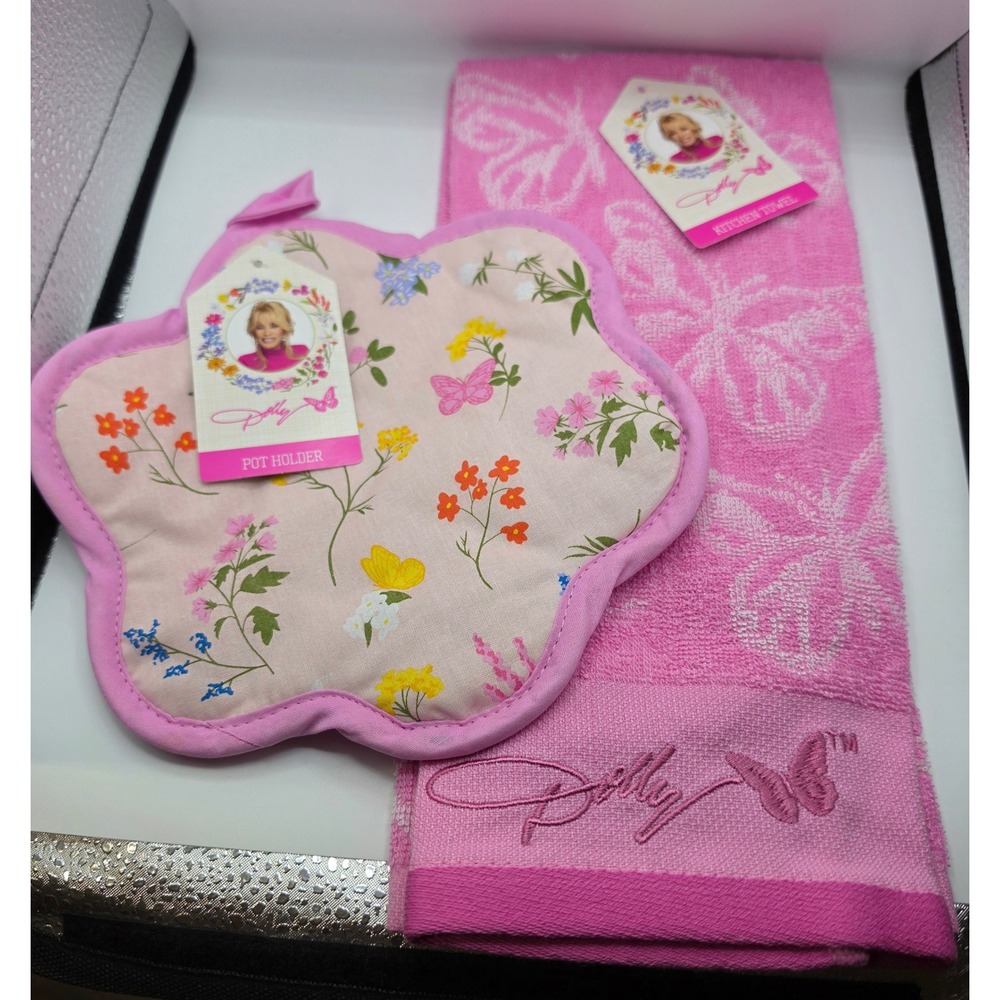 Dolly Parton Pink Butterfly Kitchen Towel and Floral Pot Holder Set 2pc NWT